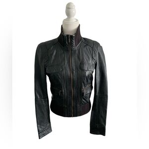 Zara TRF Leather Collection Black Genuine Leather Bomber Jacket | Women’s Size M